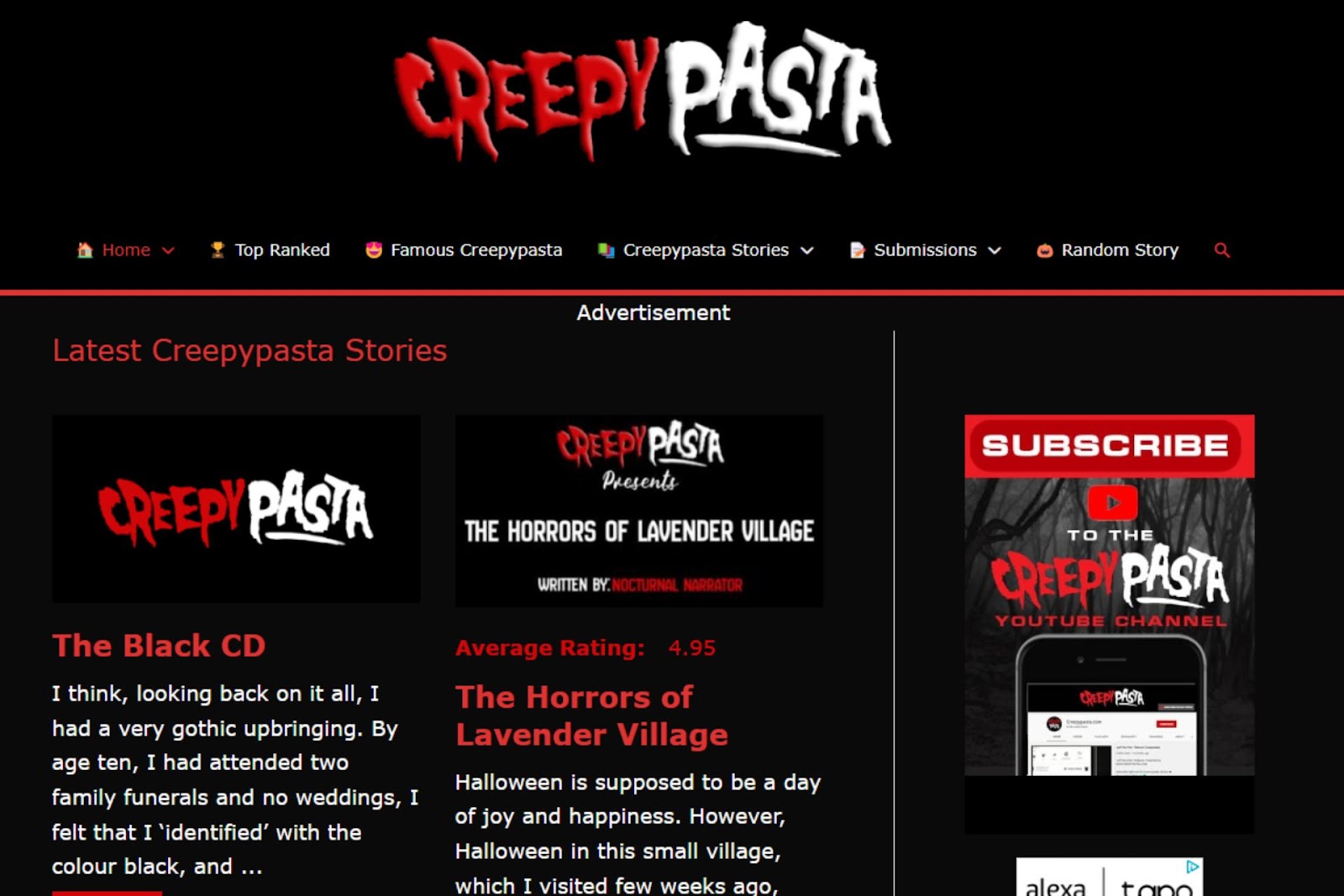 Creepypasta, a forum for sharing real horror stories. The platform is simple with red and white typography and a black background.