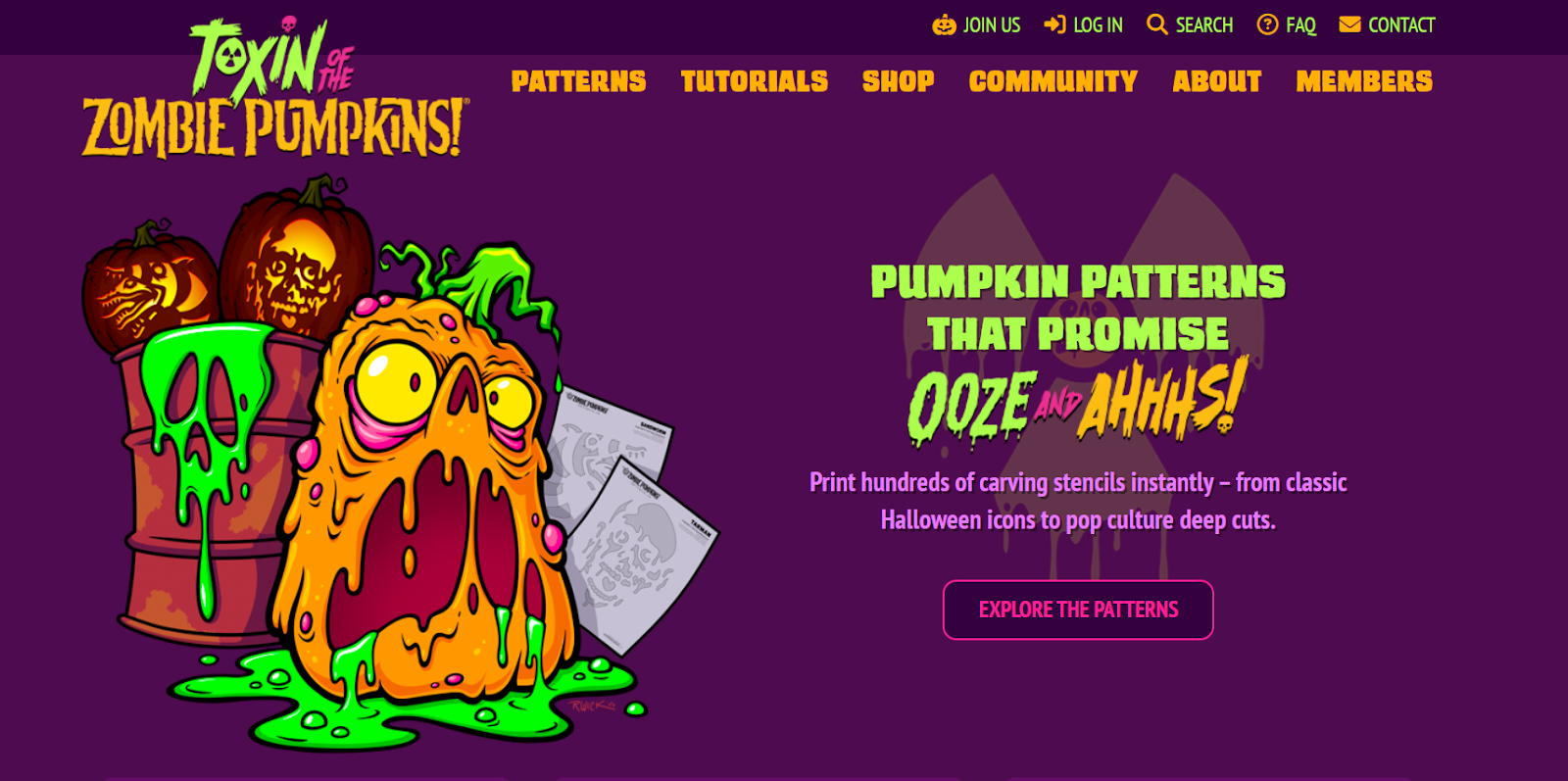 Zombie Pumpkins, a place where users can download intricate pumpkin-carving designs and share them with the community. The colors consist of dark purple, green and orange.
