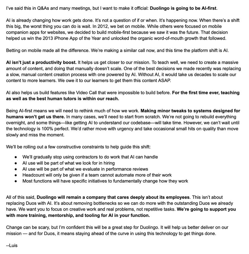 Duolingo's AI-first email