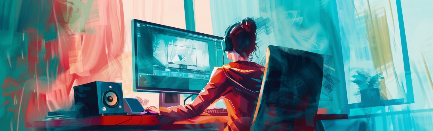 a woman wearing headphones sitting at a computer. the computer screen shows video editing software