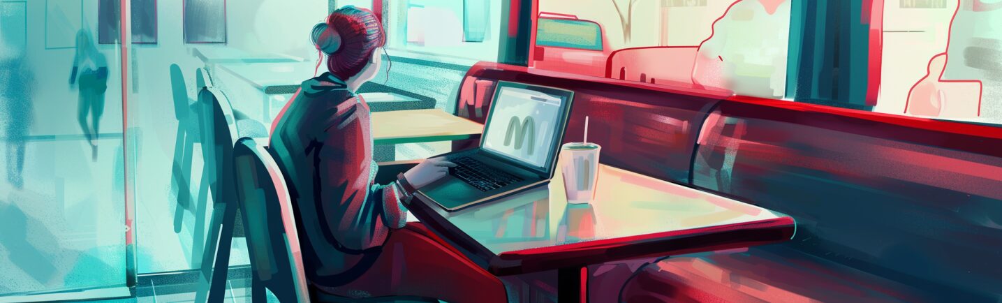 A person sits at a booth on a computer. the computer screen shows the mcdonalds logo