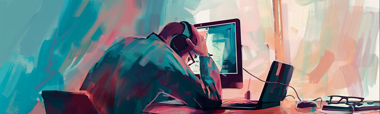 a person with their head in their hands staring at a computer