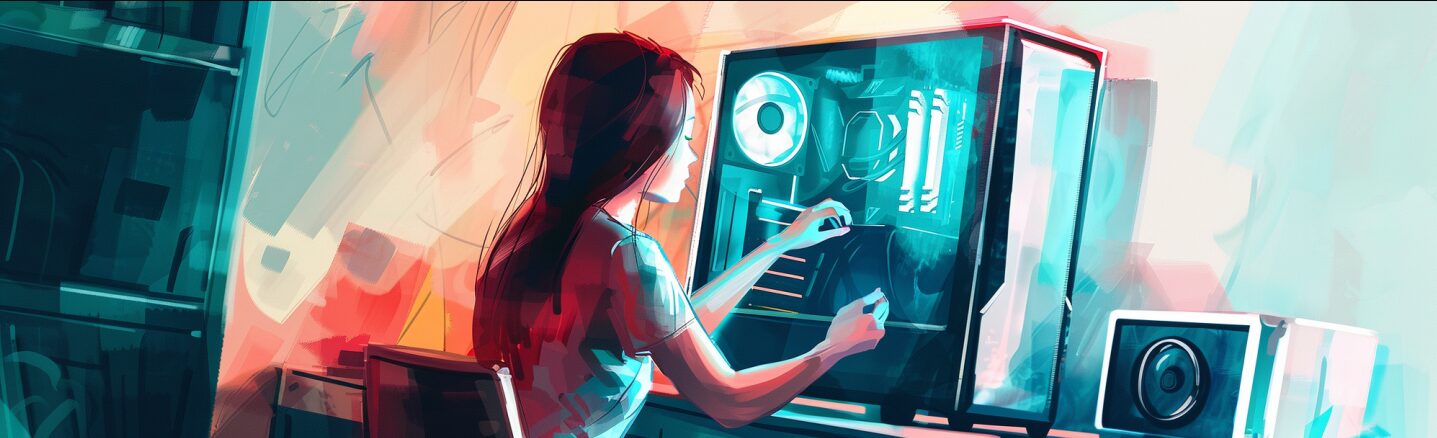 a woman places parts into a custom desktop tower build