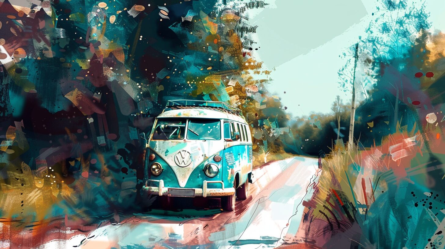 a watercolor depiction of a 60s van driving down a country road