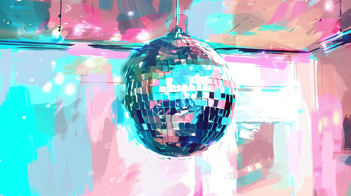 a watercolor depiction of a disco ball hanging from a ceiling