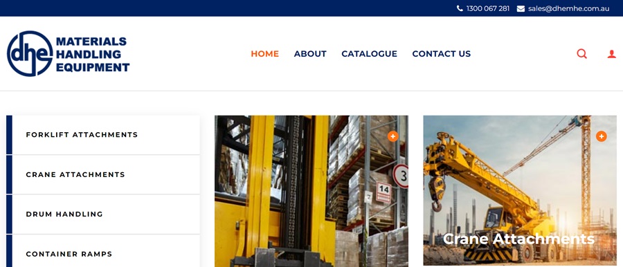 screenshot of DHE Materials Handling Equipment website with white background and navy blue accents