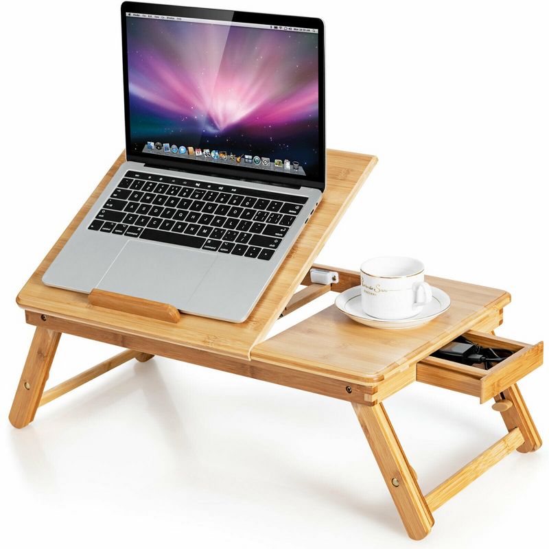 Costway Bamboo Laptop Desk Adjustable Folding Bed Tray w/Drawer Heat Dissipation BlackNatural, 1 of 10
