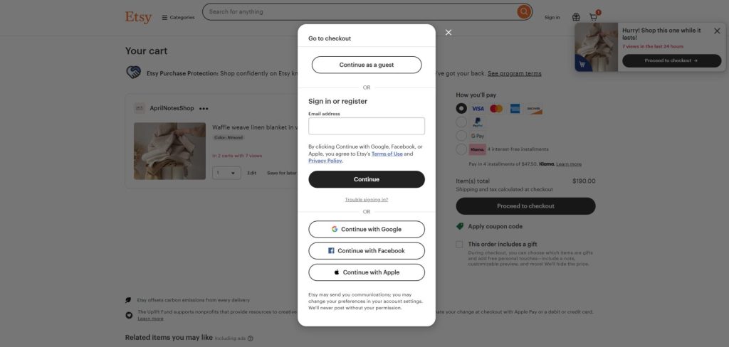 Etsy checkout page