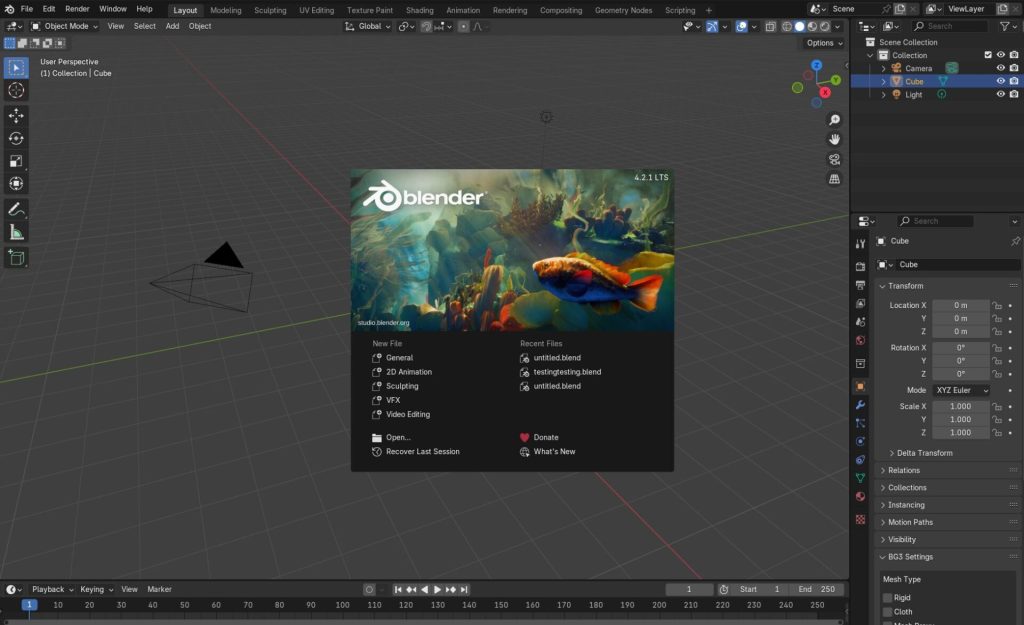 Blender opening screen