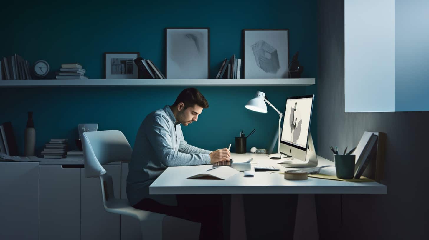 a_designer_at_his_desk_in_teal_and_white_color_sche_022ea1a5-ad40-4f2f-b186-5b31b9408402