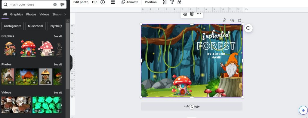 screenshot of adding details to enchanted forest background, gnome and mushroom house