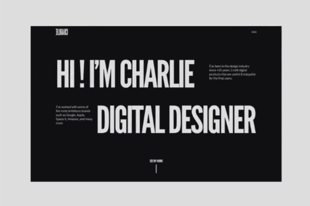 An animated portfolio of a digital designer's work in black and grey