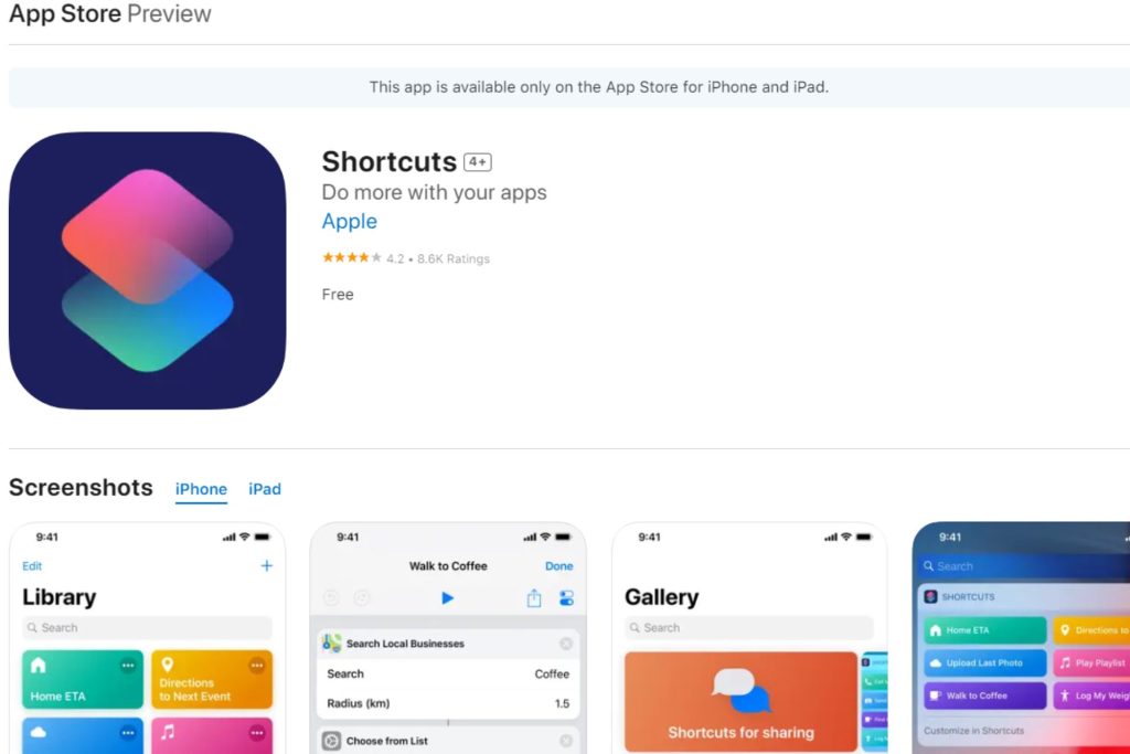 Shortcut app in the Apple Store