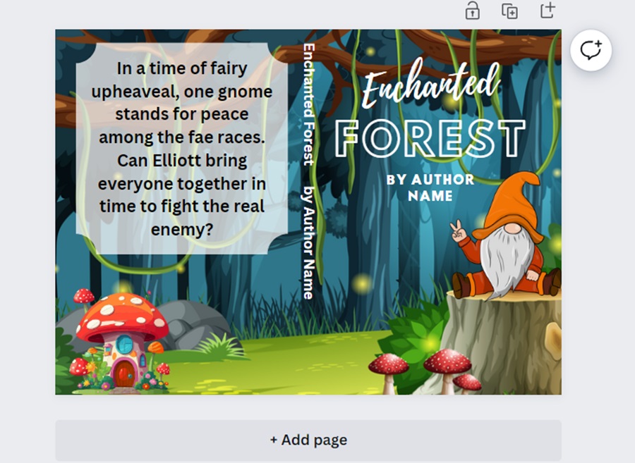 screenshot of book cover design with back cover blurb added