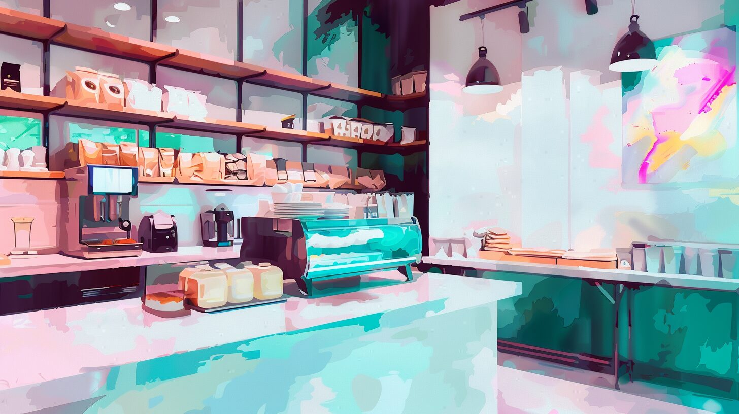 a watercolor depiction of the inside of a bakery