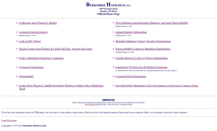 screenshot of berkshire hathaway as an examle of retro websites