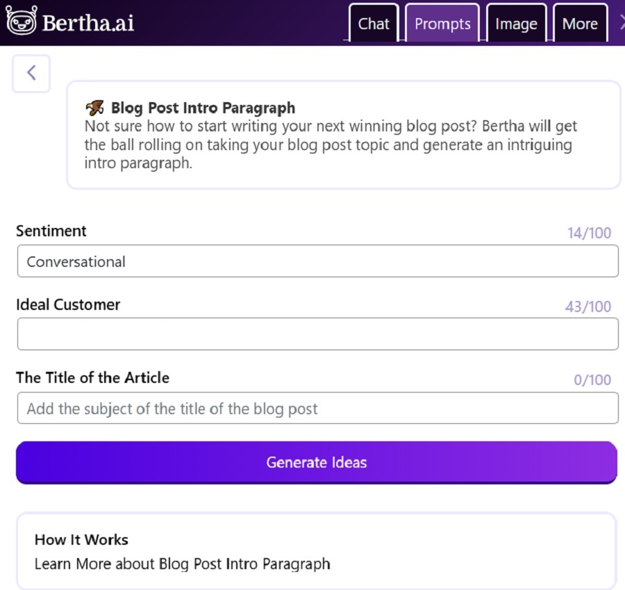 screenshot of using bertha ai for generating ideas