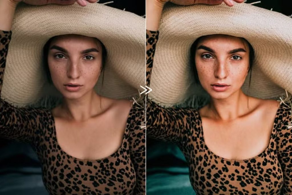 A woman in a stylish hat and leopard print top