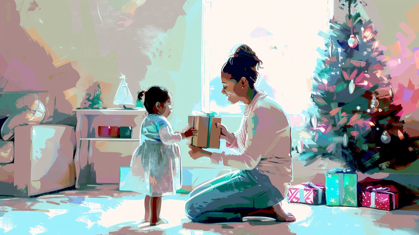a woman sitting by a Christmas tree, handing a child a gift