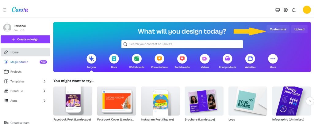 screenshot of canva custom sizing option