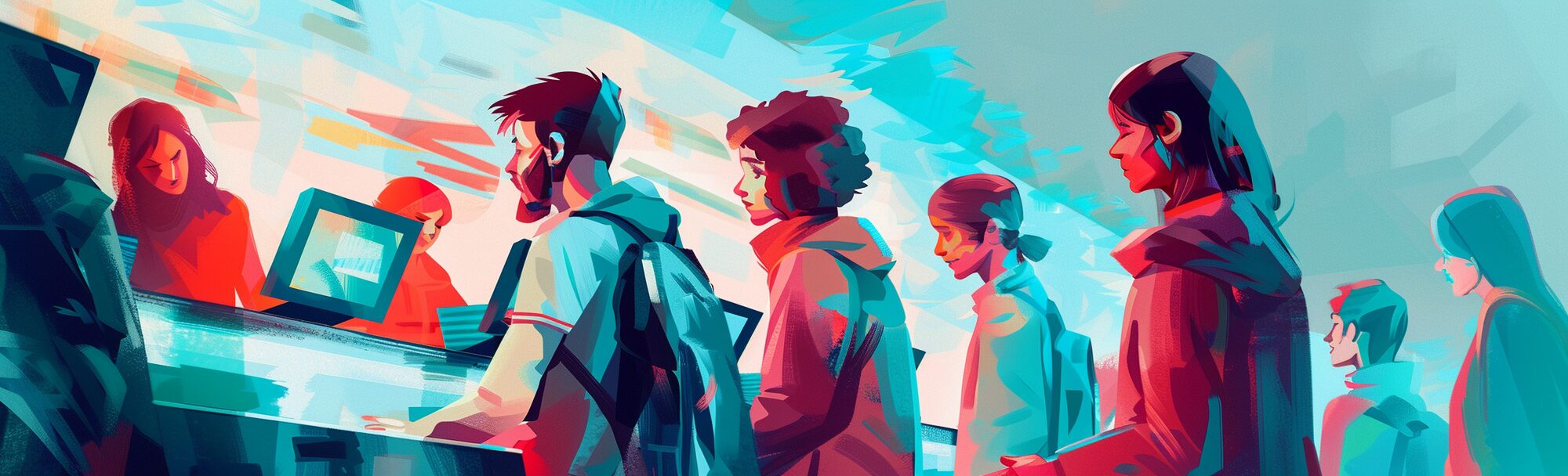 a line of customers in front of a cash register