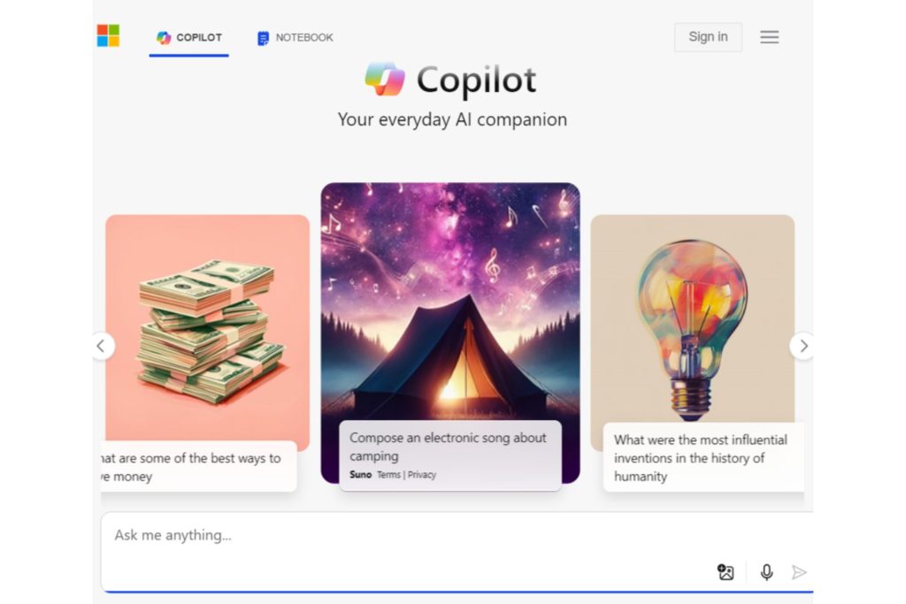 Microsoft Copilot's interface featuring three content cards