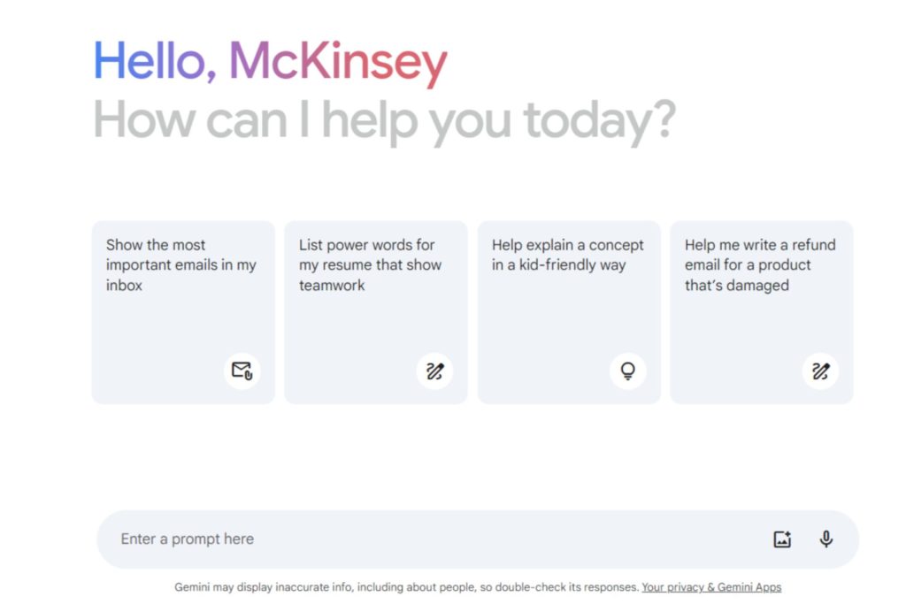 Google Gemini's interface with options to show important emails, list resume power words, explain concepts simply, and write a product refund email. A text input prompt is at the bottom.