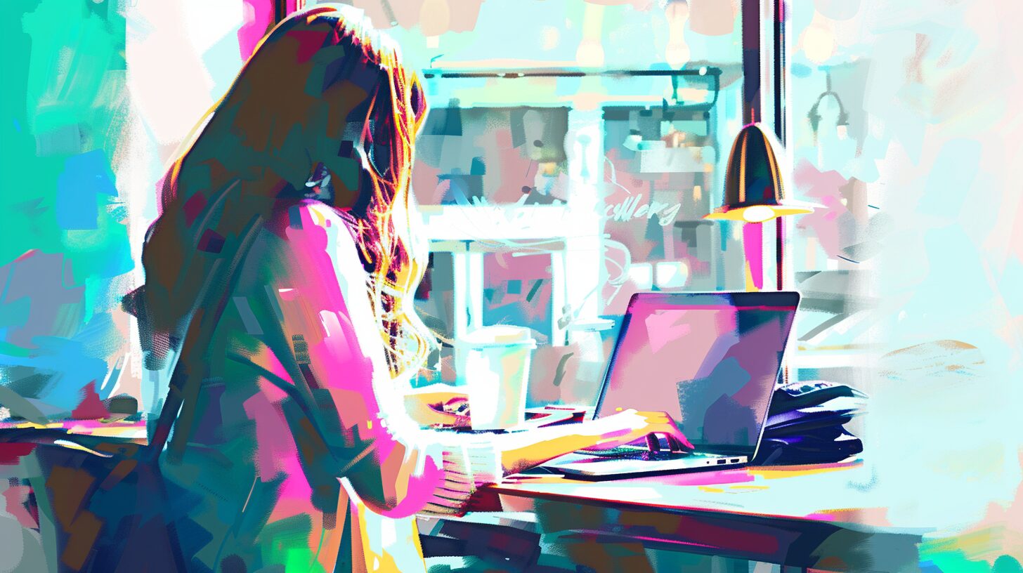 a watercolor depiction of a woman sitting in a coffee shop typing on a computer