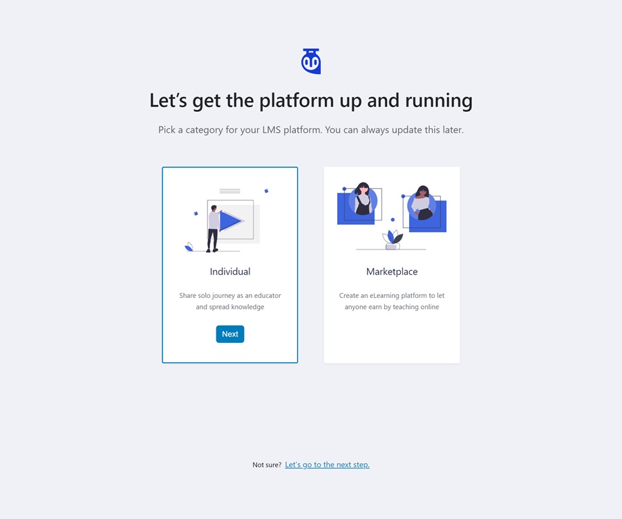 choose an option of individual or marketplace screenshot of tutor lms