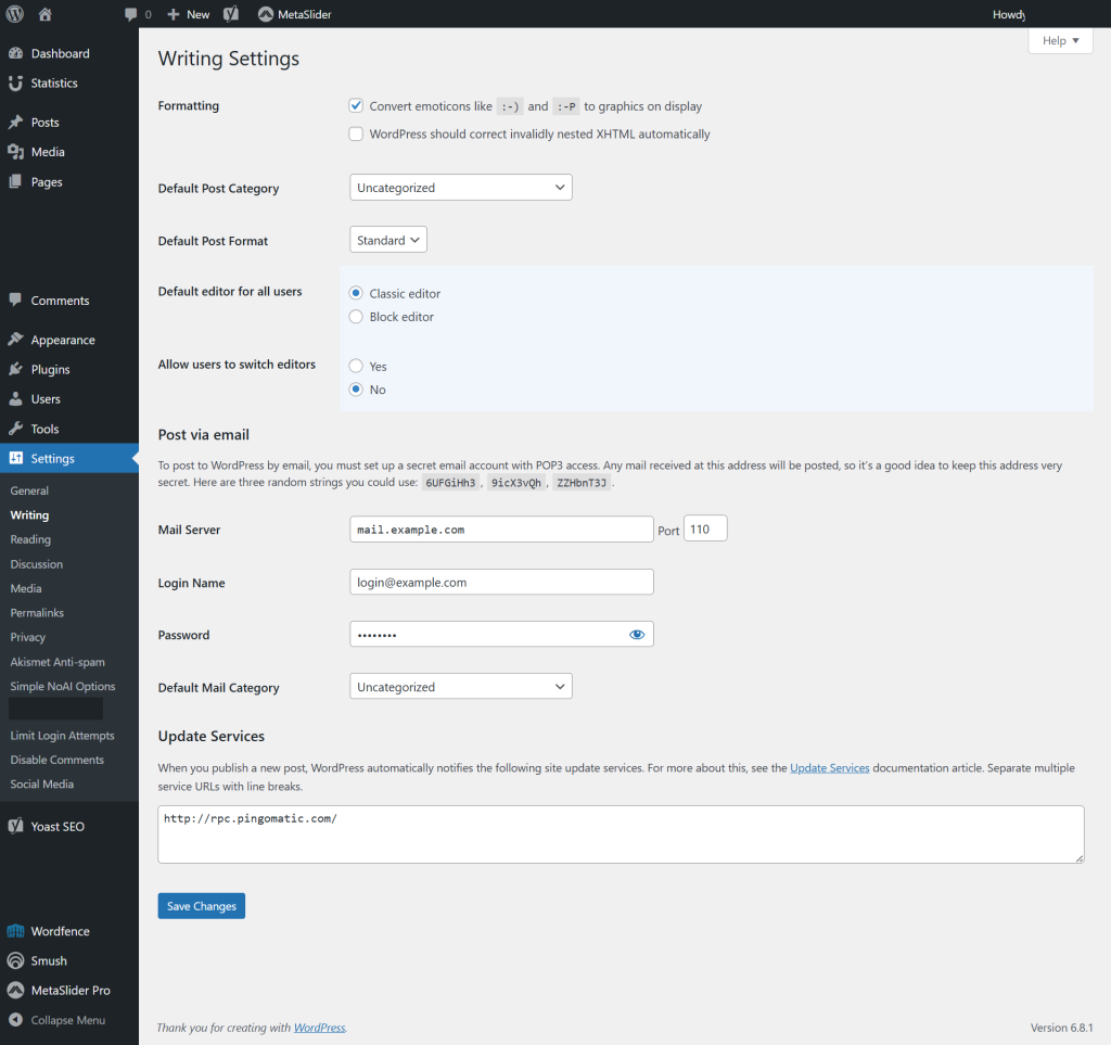 classic editor settings