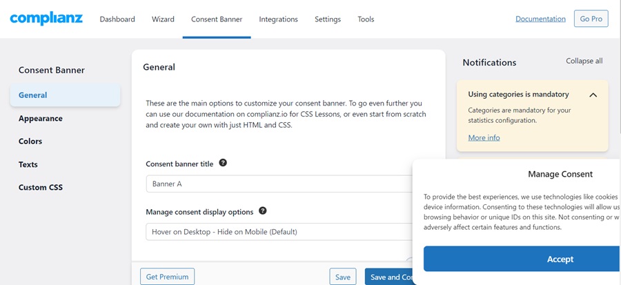 screenshot of complianz banner wizard