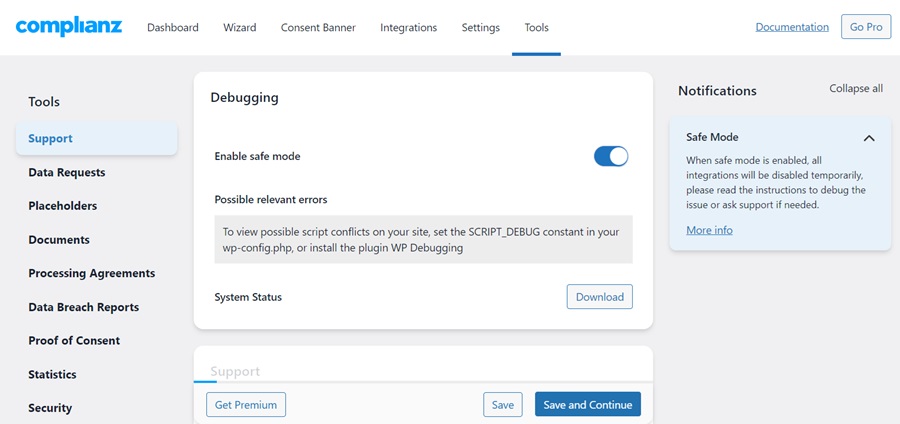 screenshot of complianz tools tab