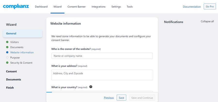 screenshot of complianz wizard