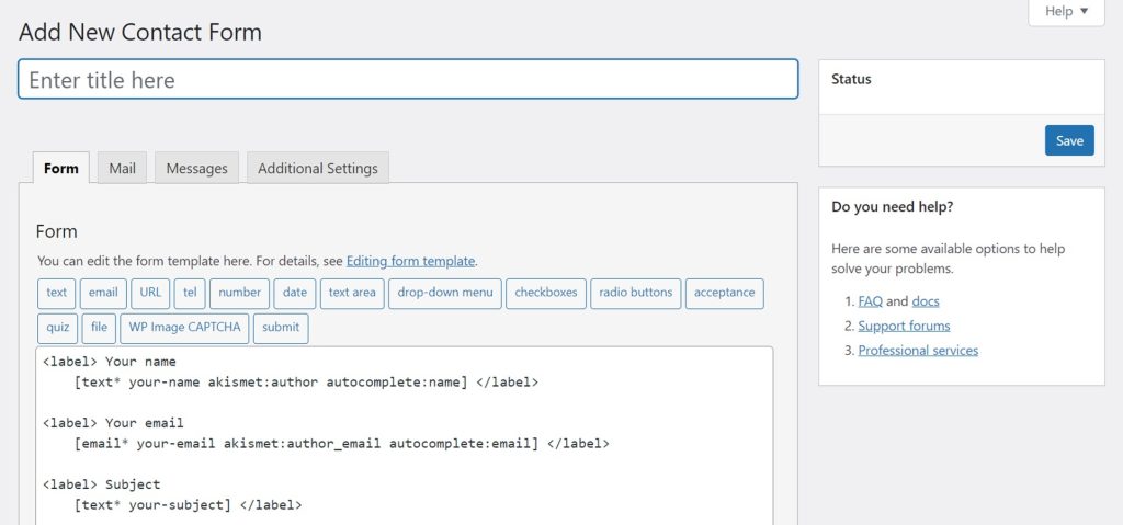 screenshot of contact form 7 template when creating a new form and tabs across the top