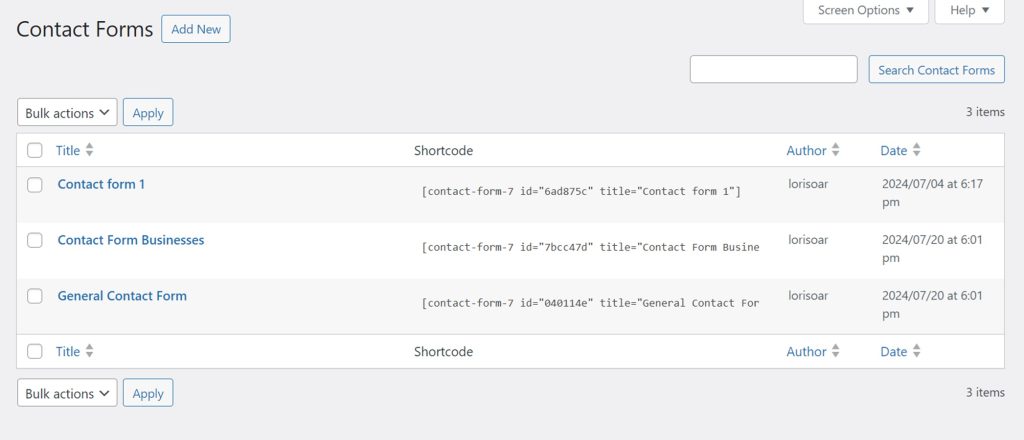 screenshot of contact form 7 dashboard
