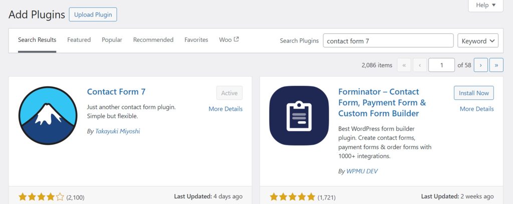 screenshot of where to find contact form 7 on the wordpress dashboard