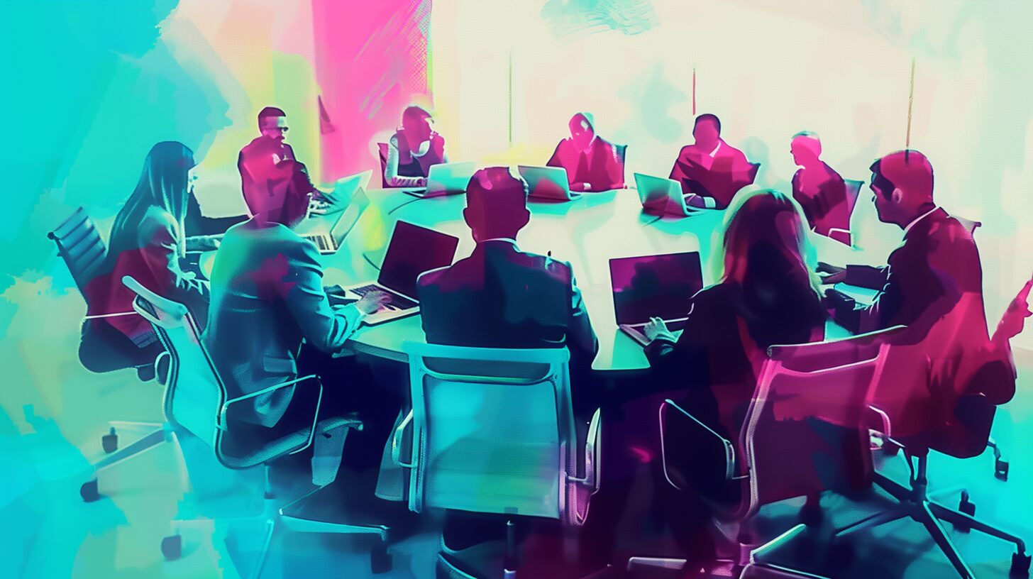 a group of professionals sitting around a conference room table on laptops