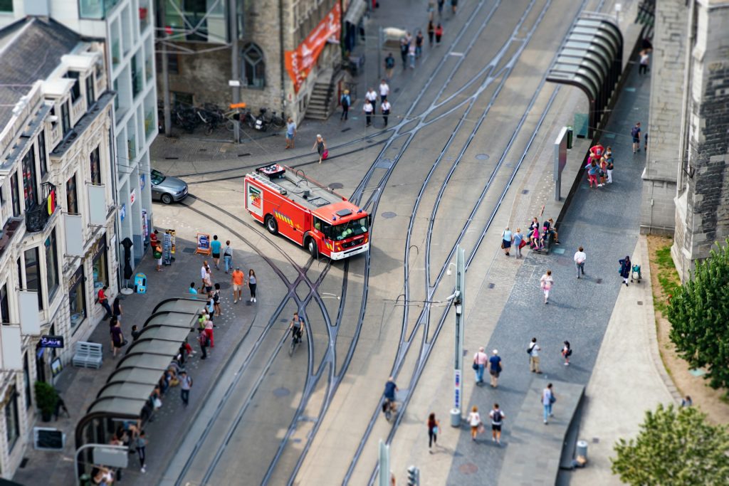 A firetruck and crowd