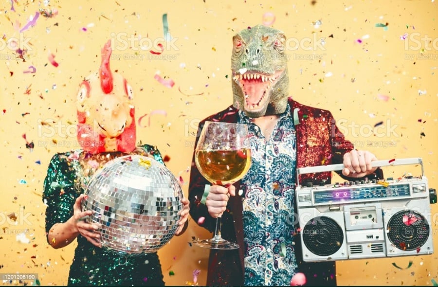 weird stock photos dinosaur disco couple