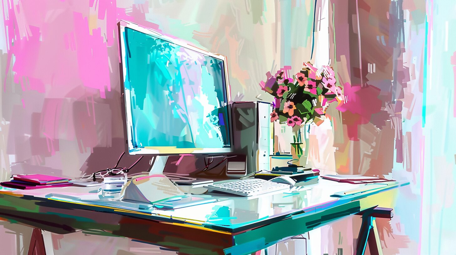 a watercolor depiction of a desktop computer monitor and tower sitting on a work desk