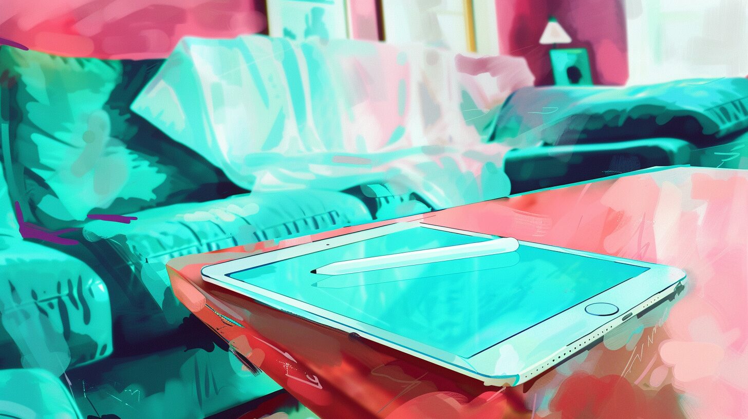an iPad and Apple Pencil sitting on a living room table