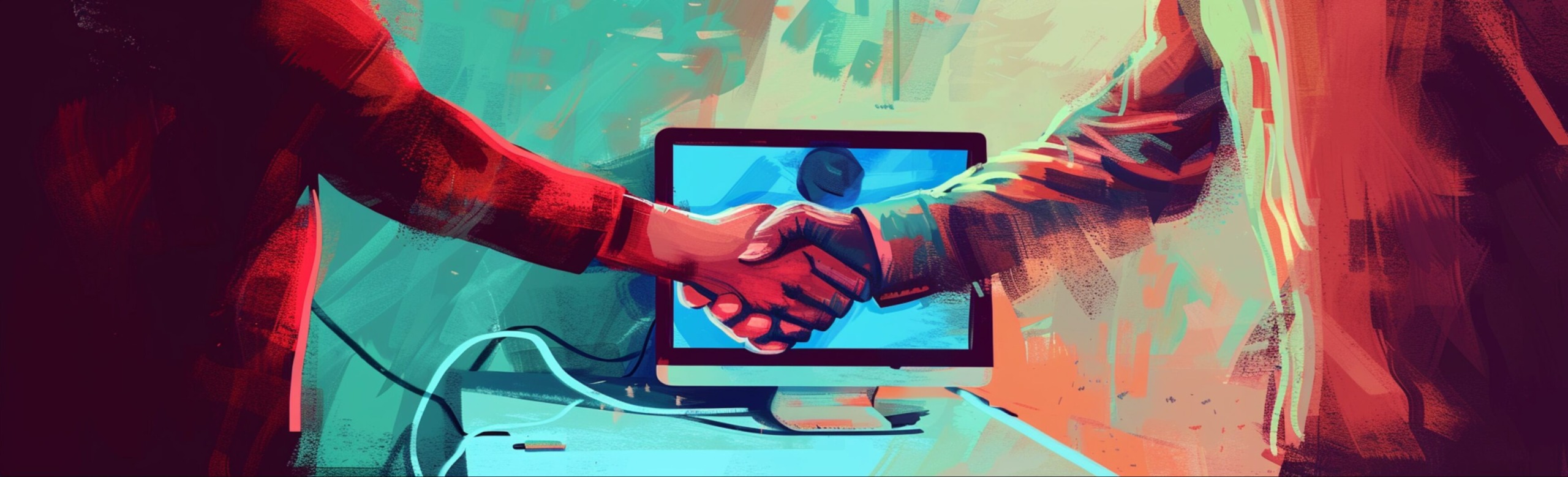 two people shaking hands in front of a computer monitor
