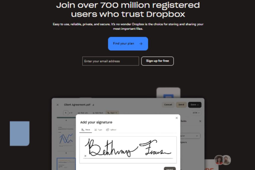 A promotional image for Dropbox showcasing their service with a tagline "Join over 700 million registered users who trust Dropbox." Features a dark interface with a blue "Find your plan" button, an option to enter an email address, and a "Sign up for free" button. In the foreground, a document window titled "Client Agreement.pdf" displays a signature with the name "Bethany Turner."