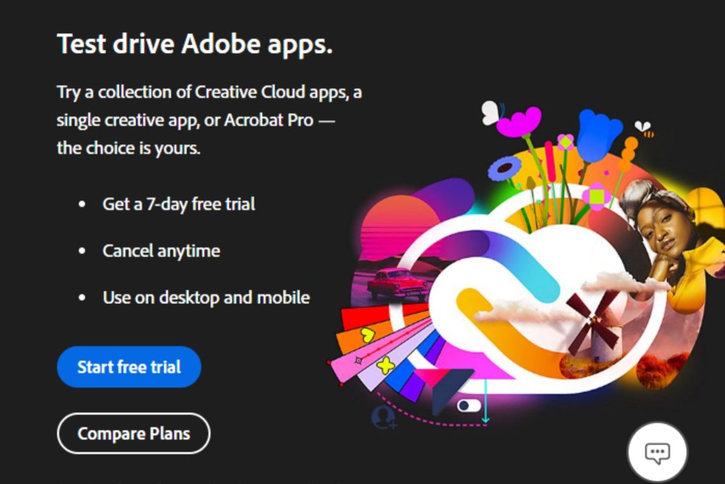 An advertisement for Adobe apps showing an offer to test drive a collection of Creative Cloud apps or Acrobat Pro with a 7-day free trial that can be canceled anytime and is available for use on desktop and mobile. The image features a vibrant and colorful design with various creative elements and app icons emerging from the cloud symbol of Adobe Creative Cloud, accompanied by two clickable buttons for starting a free trial or comparing plans.