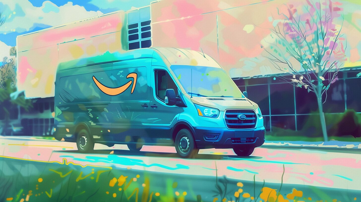 an Amazon van driving down a road with a warehouse in the background