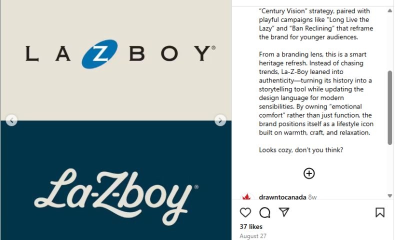 An Instagram post showing a before-and-after of La-Z-Boy rebrand.
