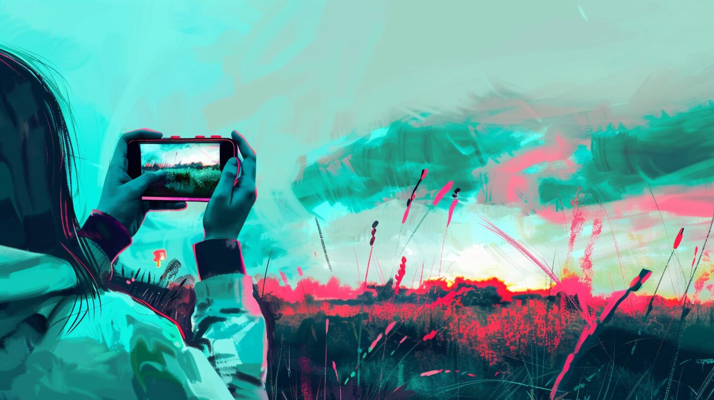 a woman taking a picture of a sunset using a phone camera