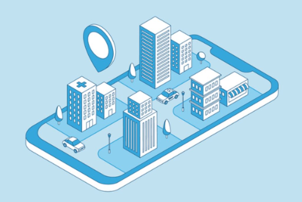 A city skyline displayed on a smartphone screen.