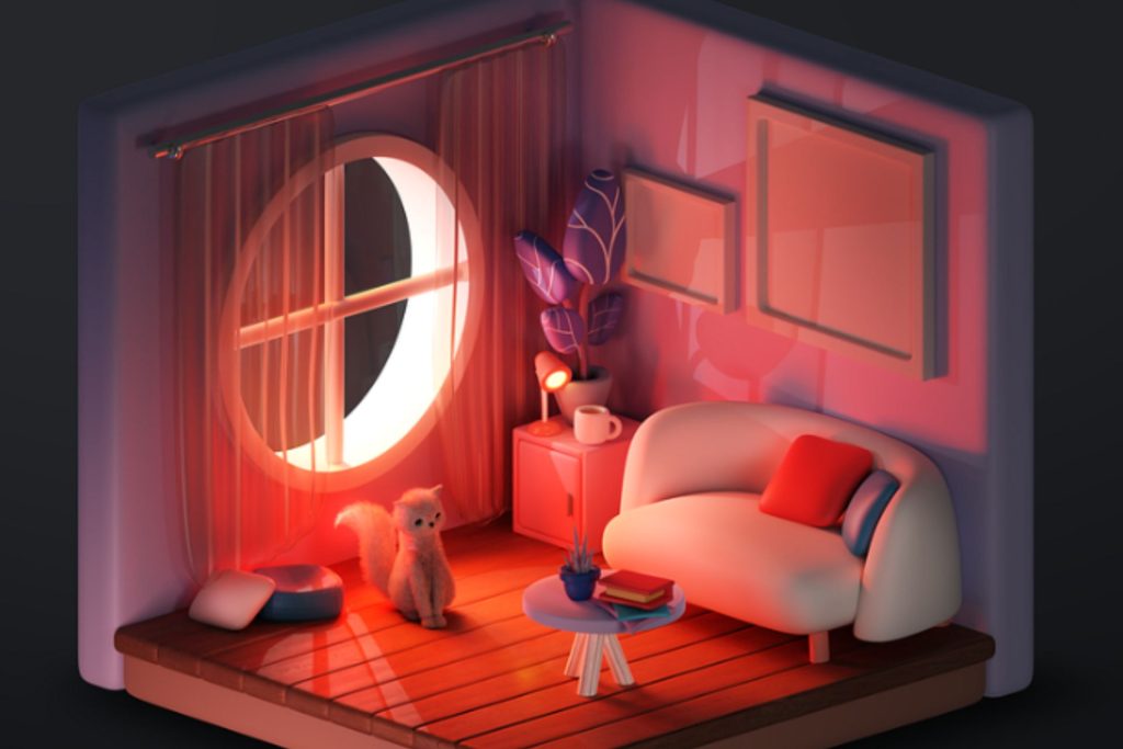 An isometric drawing of an interior with a couch, lamp, and window.