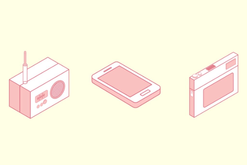 An assortment of electronic devices on display.